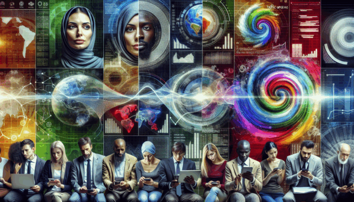 How to Optimize for International SEO: A diverse group using digital devices with content in multiple languages, analytics graphs showing traffic and engagement.