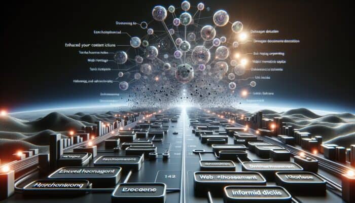 A digital landscape with interconnected nodes symbolizing a content cluster, guiding users through web hosting options and technical insights.
