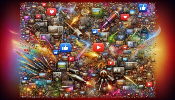 A vibrant collage of short-form video thumbnails with animated likes, shares, and comments swirling around, symbolizing high engagement and visibility.