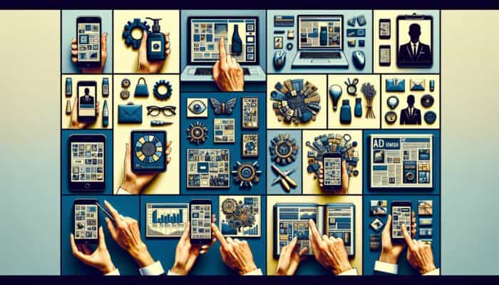 Leveraging Amazon Ads for Hosting Affiliate Growth: A digital collage of Amazon's ad formats: Sponsored Products, Sponsored Brands, and Display Ads on various platforms.