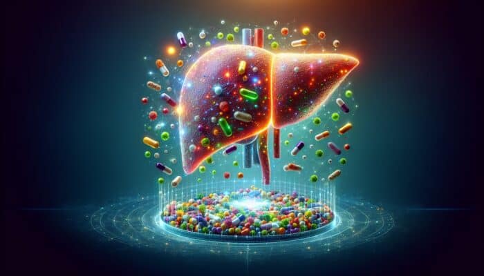 Why Supplements Support Liver Health: A vibrant liver surrounded by colorful supplements, efficiently eliminating toxins.