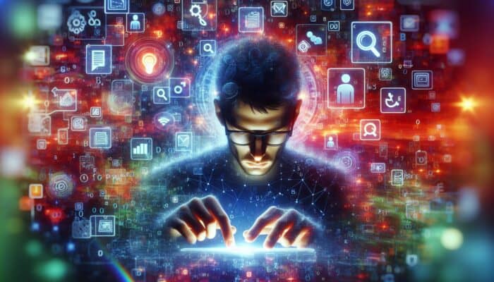 Beginner’s Guide to Understanding Search Intent: A person typing a query into a search engine, surrounded by icons representing various search intents in a vibrant digital space.