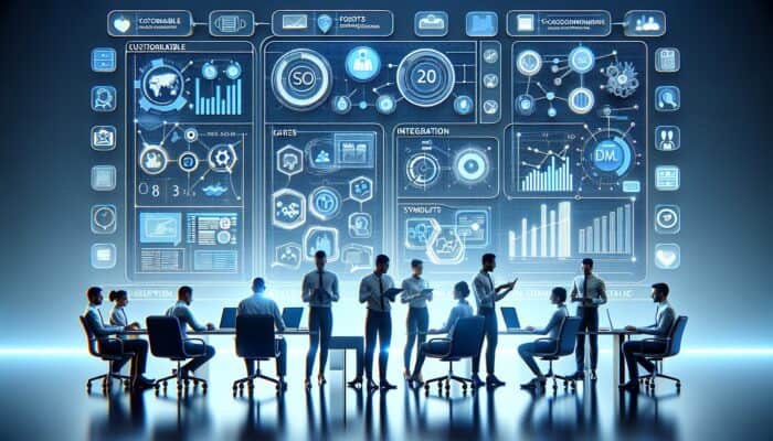 A modern interface showing SEO analytics, customizable dashboards, and integration with digital marketing tools, supported by experts.