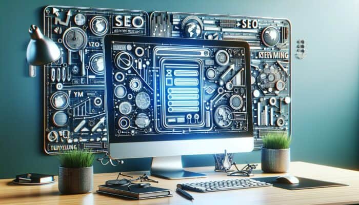 A computer displaying Rank Math SEO plugin with charts and graphs on keyword research and user intent, WordPress backdrop.