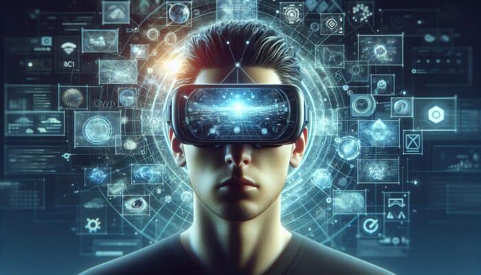 Best Tools for Creating AR-Enhanced Videos: A person wearing AR glasses watches a video with digital graphics and real-time data integrated into the real world.