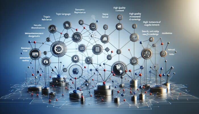 A digital landscape illustrating semantic optimization practices enhancing user experience and search engine rankings.