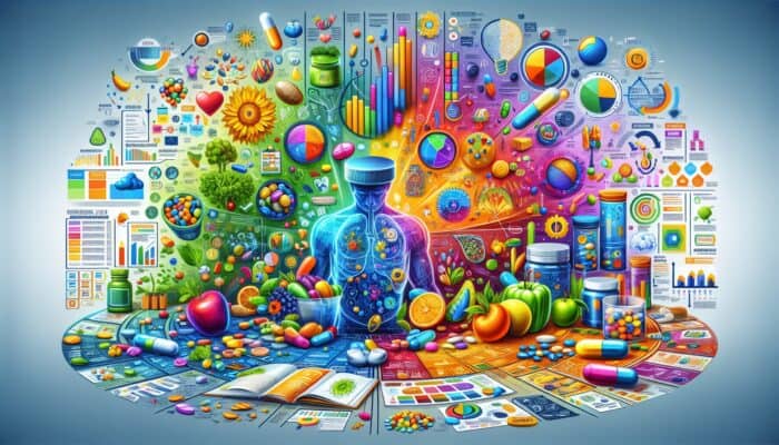 A colorful infographic showing dietary supplement benefits and uses, engaging various learning styles.