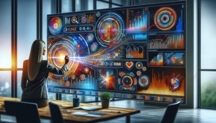 Marketer analyzes Facebook Ads Manager dashboard with graphs of rising reach, engagement, and conversions in a modern office, coffee nearby.