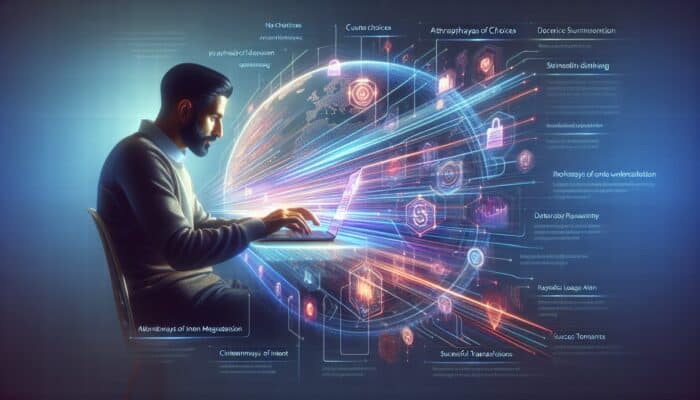 How to Create E-Commerce Content for User Intent: A focused user at a laptop searches e-commerce products, with glowing intent paths leading to recommendations, analytics, and conversions in a dynamic digital marketplace.