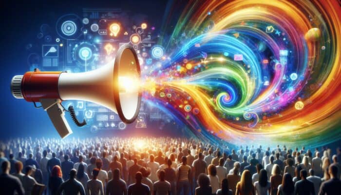 How to Engage with Supplement Followers Online: A vibrant illustration of a glowing megaphone amplifying messages to a diverse urban crowd, with swirling colors symbolizing creativity and consistency.