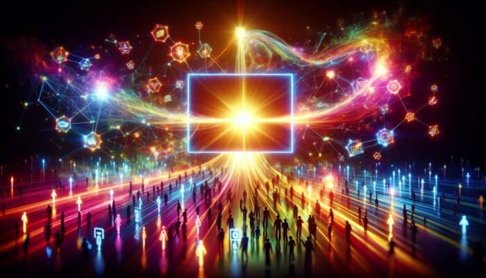 A glowing video screen displays engaging content with radiant backlink webs connecting to multiple websites, symbolizing audience expansion and interaction.