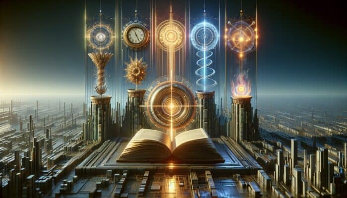 How to Optimize for Google’s E-E-A-T Signals: A digital illustration of E-E-A-T pillars: glowing columns labeled Experience (clock), Expertise (books), Authoritativeness (crown), and Trustworthiness (shield) in a futuristic landscape.