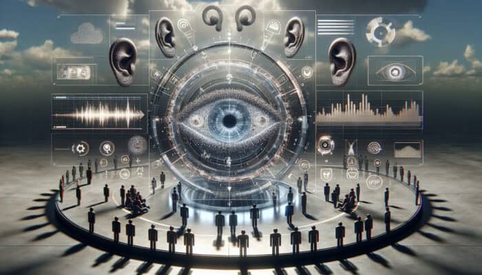 High-tech digital dashboard showing real-time social media feeds, video analytics, monitoring symbols, and diverse audience silhouettes reacting to trends.