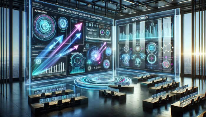 Futuristic Marketo dashboard with glowing data streams, targeted content arrows, holographic users, and adaptive strategy graphs in a high-tech center.