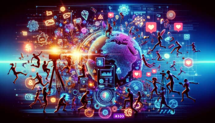 Illustration of TikTok creators filming trendy products, diverse audience engaging with likes and comments, and vibrant algorithm visuals.