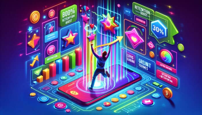 Vibrant scene of a person enthusiastically using a smartphone app to earn colorful points and badges for supplement challenges, boosting motivation and retention.