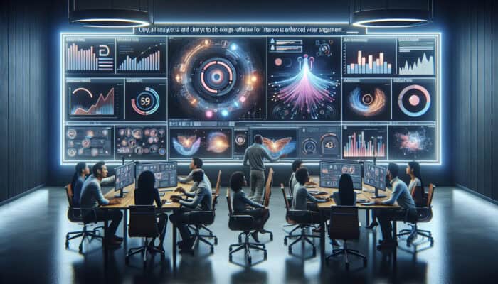 A diverse team in a modern studio analyzes infographic videos on large screens, surrounded by glowing analytics charts and feedback notes for refinement.