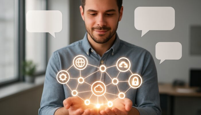 Beginner holding glowing chain of website icons, forming digital web with link building tips in modern office.