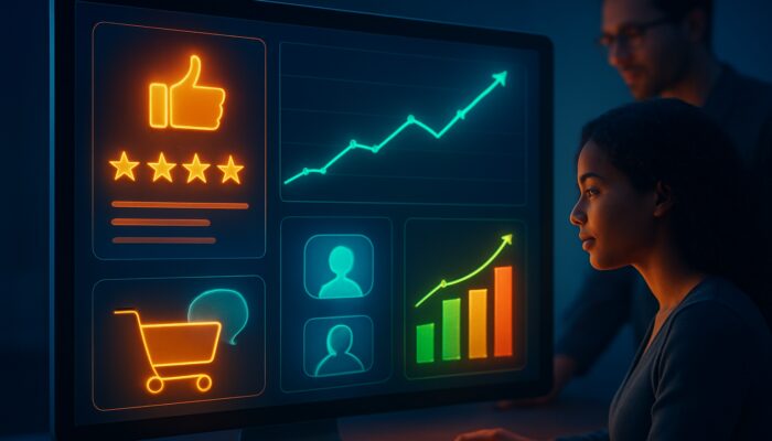 Dynamic e-commerce dashboard with glowing reviews, surging A/B tests, diverse shoppers, and rising conversion charts.