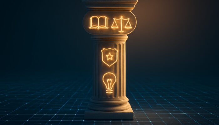 Pillar symbolizing E-E-A-T with books, scales, badges, and light bulbs in glowing digital harmony.