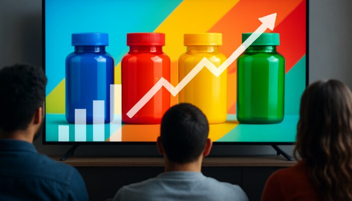 Vibrant YouTube ad for colorful supplements, with viewers watching and graphs showing high view rates and rising CTR.