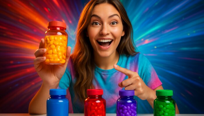 Energetic influencer showcasing vibrant supplements in a dynamic TikTok ad, evoking excitement and trust.