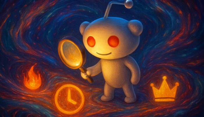 Reddit Snoo mascot searches swirling colorful posts with glowing magnifying glass, sorted by hot, new, and top icons.