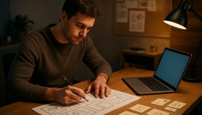 Creator sketching storyboards for product video tutorial at wooden desk with laptop and notes