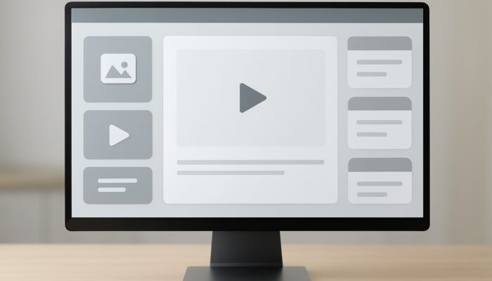Lumen5 video dashboard on computer screen with upload zones for images, clips, and text.