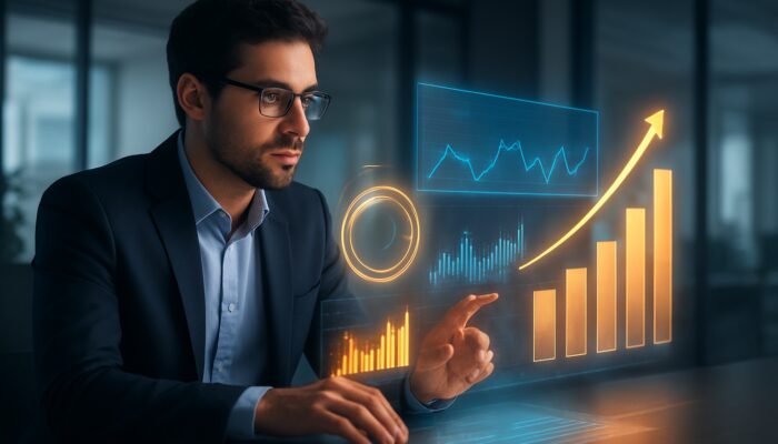Digital marketer analyzing Amazon video ad performance on holographic dashboard with glowing ROI charts in modern office.