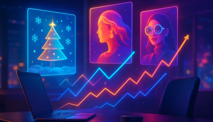 Futuristic digital workspace with morphing holographic ads and rising engagement graphs in vibrant colors.