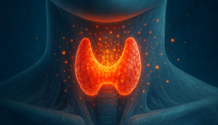 Vivid anatomical illustration of glowing thyroid gland releasing T4 and T3 hormones in human neck.