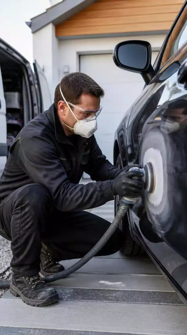 Mobile body repair technician working on a car