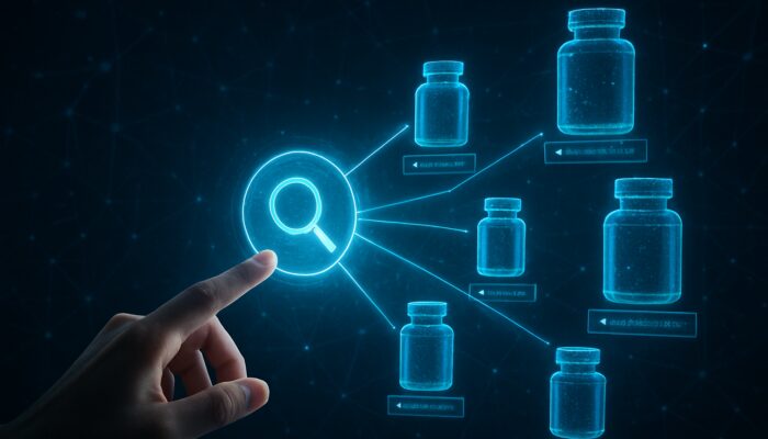 Futuristic holographic interface with semantic threads linking query to supplement bottles via relevance scoring in digital database.